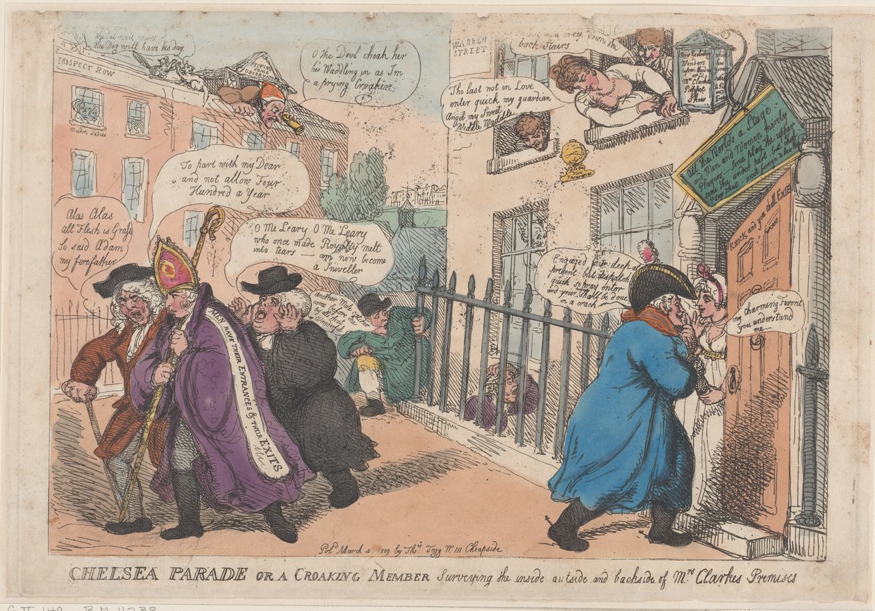 Chelsea Parade of een kwakende lid bekijkt de binnenkant, buitenkant en achterkant van, 4 maart 1809 door Thomas Rowlandson