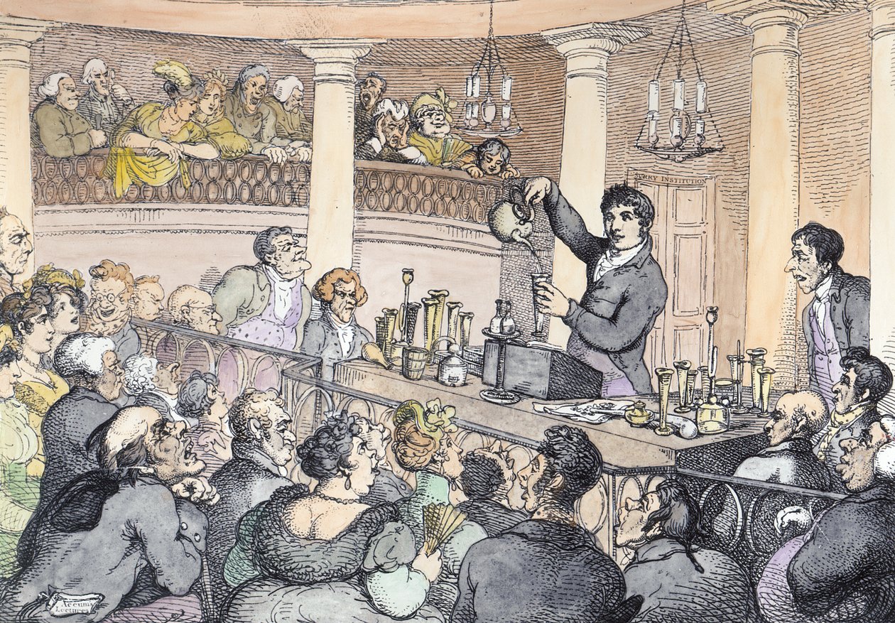 Chemische lezingen, c.1809 (latere inkleuring) door Thomas Rowlandson