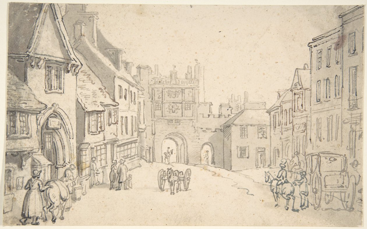 Stadsgezicht met middeleeuwse poort (misschien York) door Thomas Rowlandson
