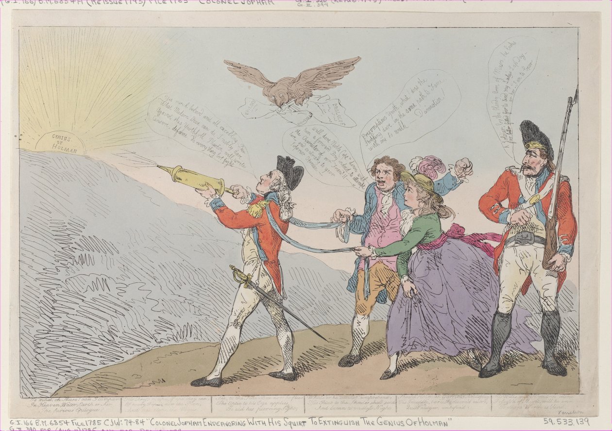 Kol. Topham probeert met zijn spuit de genialiteit van Holman te doven, 5 oktober 1785 door Thomas Rowlandson
