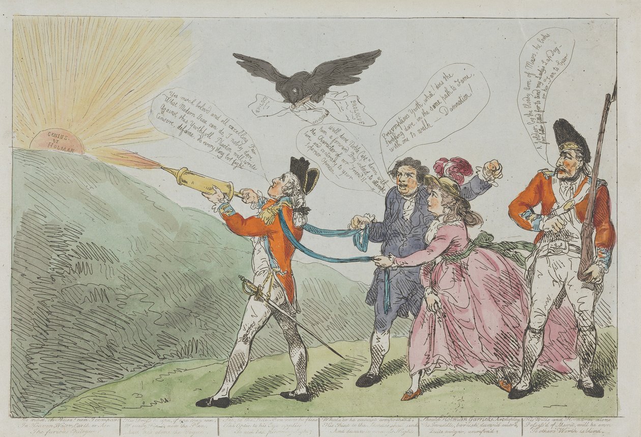 Kolonel Topham probeert met zijn waterpistool de geniale Holman de mond te snoeren door Thomas Rowlandson