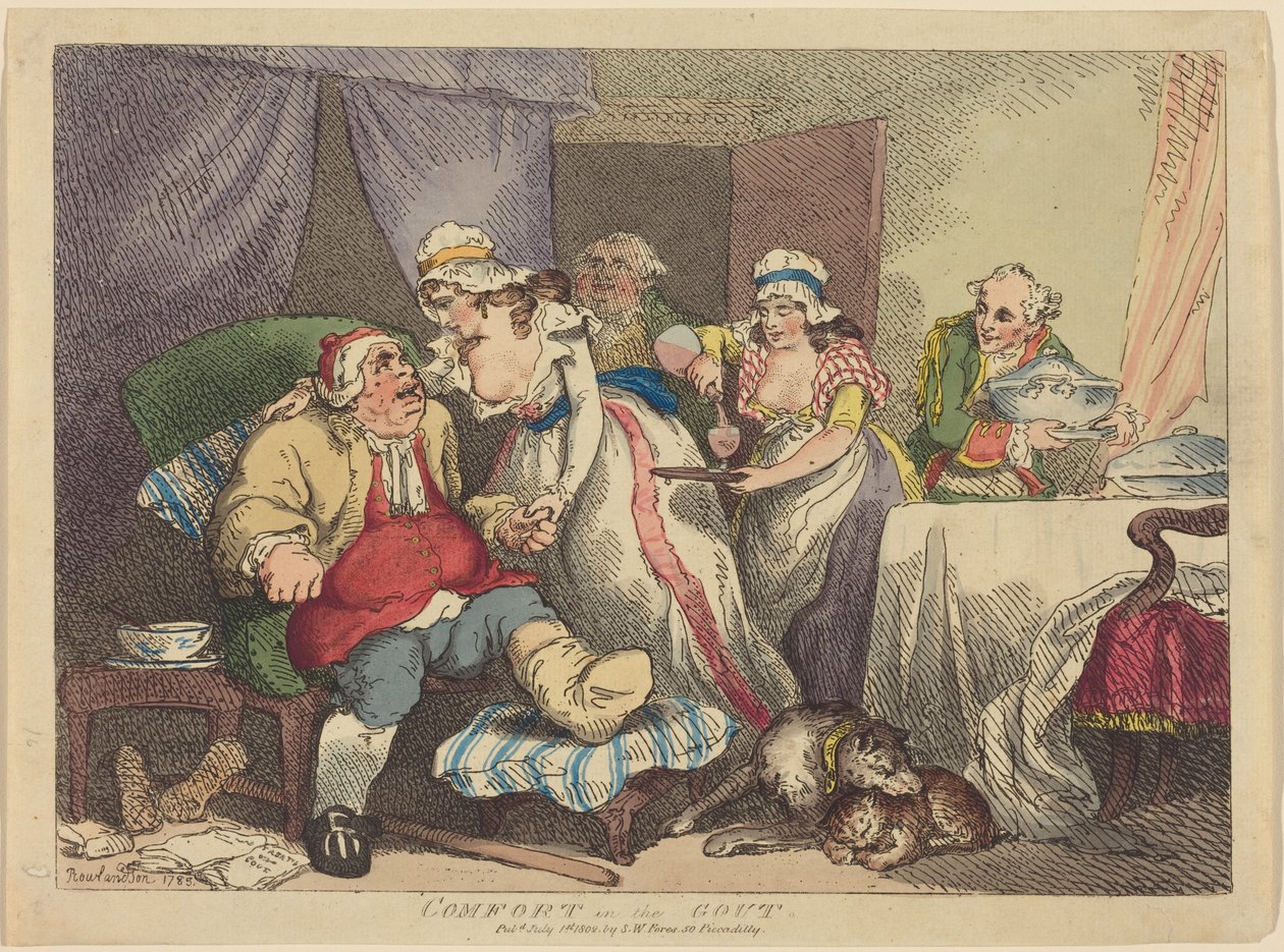 Verlichting bij jicht door Thomas Rowlandson