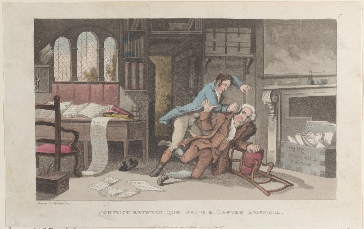 Conflict tussen Quae Genus en advocaat Gripe-all, uit De Geschiedenis van Johnny Q..., 1 oktober 1821 door Thomas Rowlandson