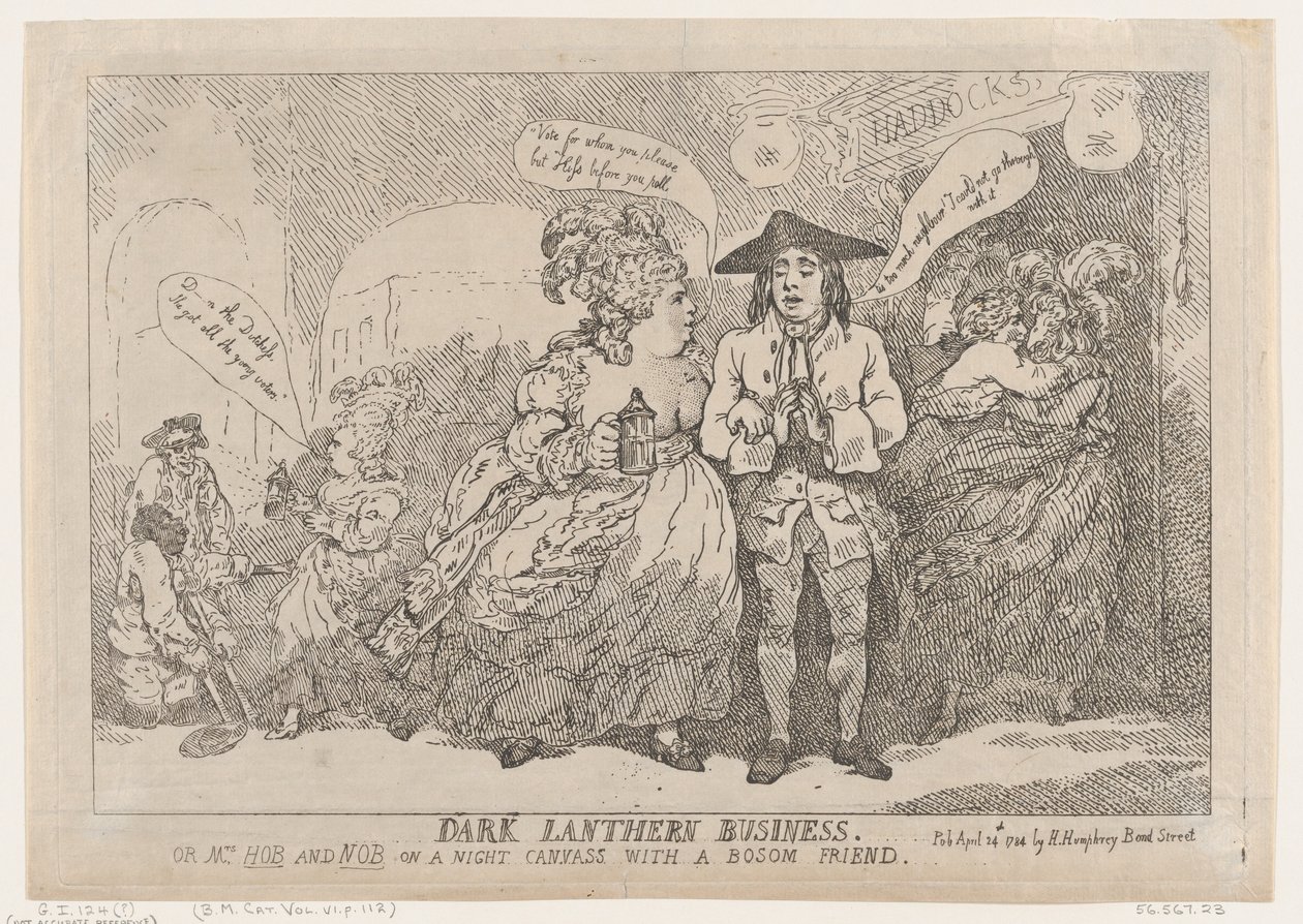Donkere Lantaarn Zaken, of, Mevrouw Hob en Nob Op een Nachtelijke Canvass Met een Boezemvriend..., 24 april 1784 door Thomas Rowlandson
