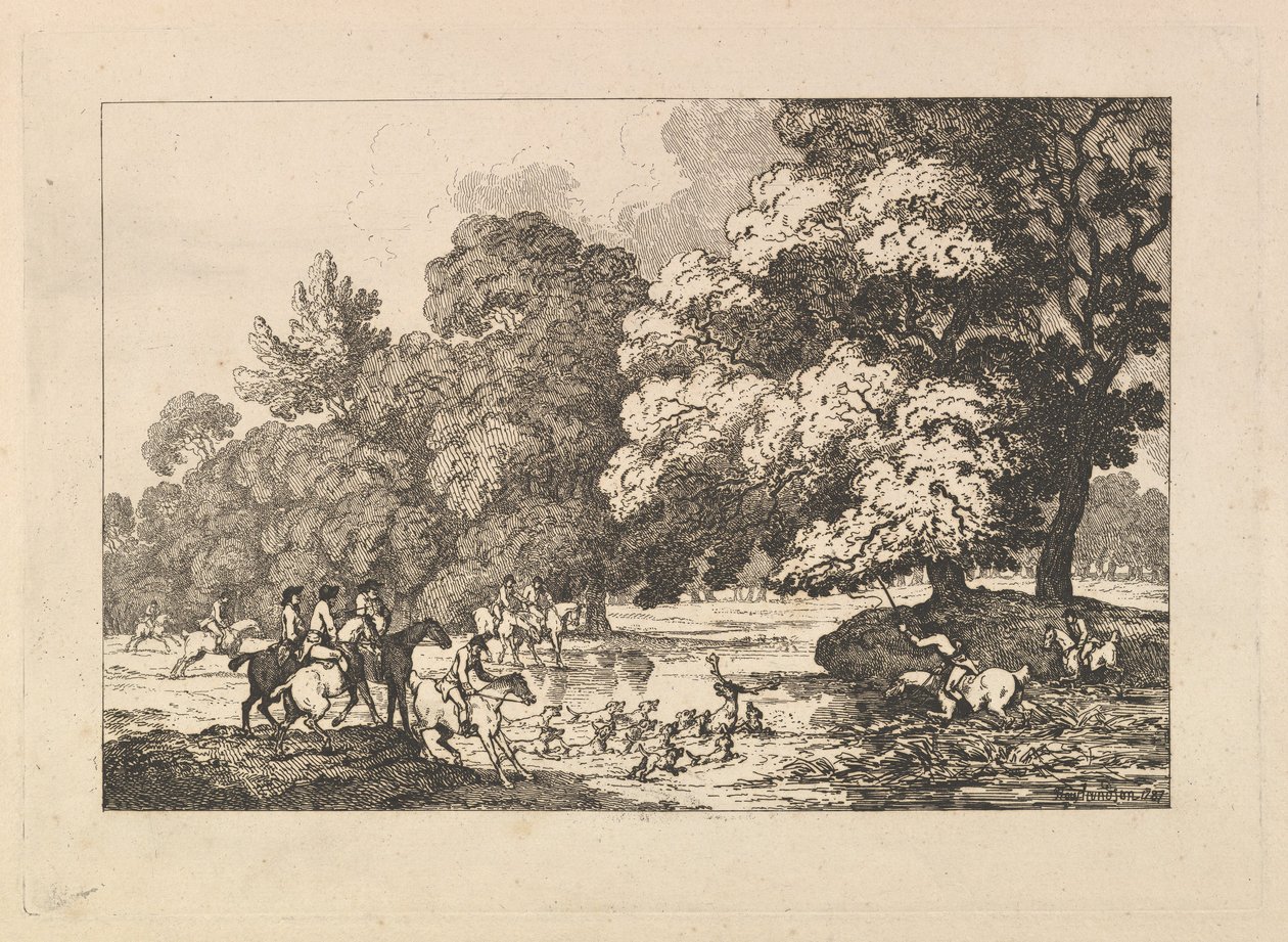 Hertenjacht – Een landschapsscène met een hert en jachthonden in een rivier door Thomas Rowlandson