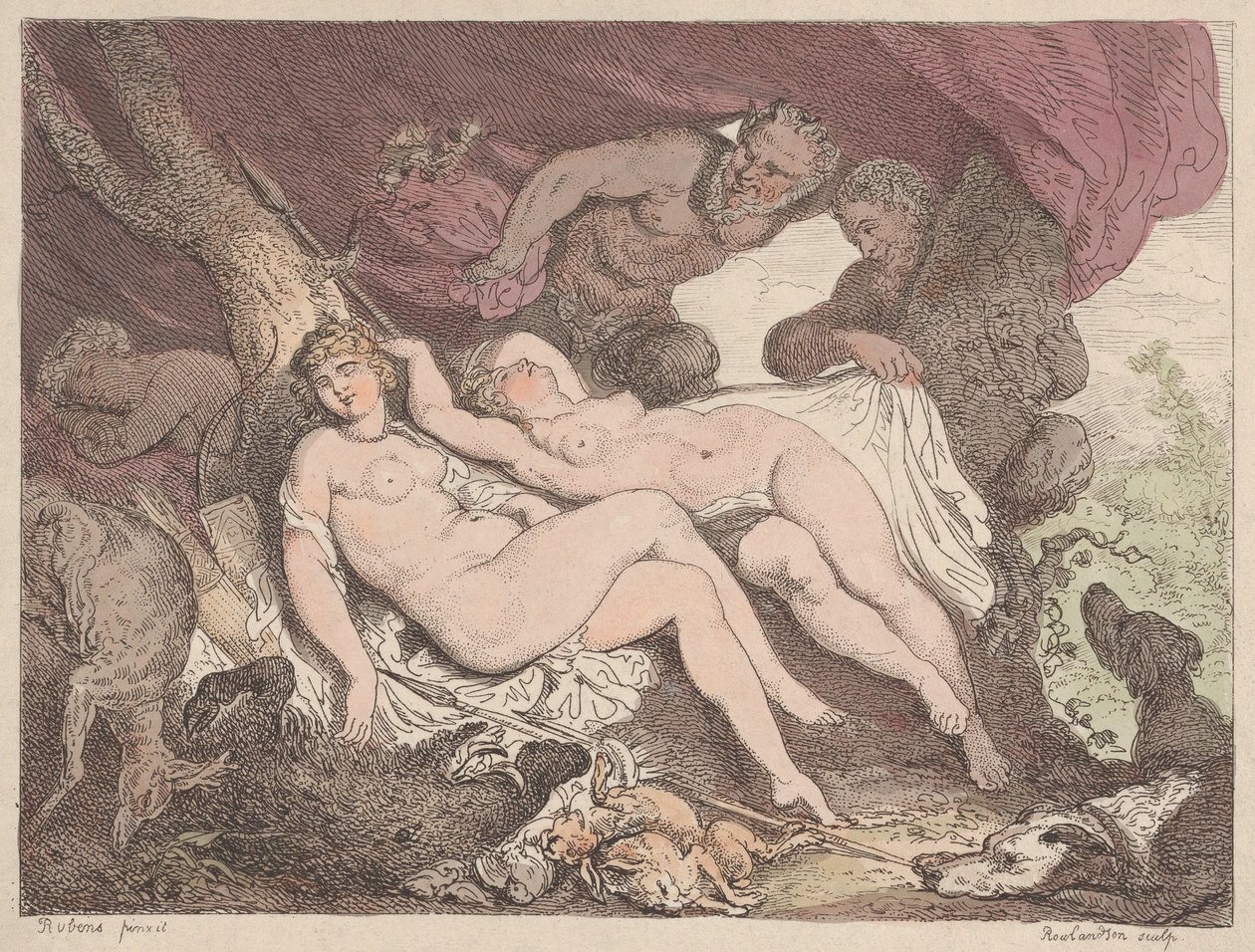 Diana en haar nimfen bespied door saters, 1790-1799 door Thomas Rowlandson