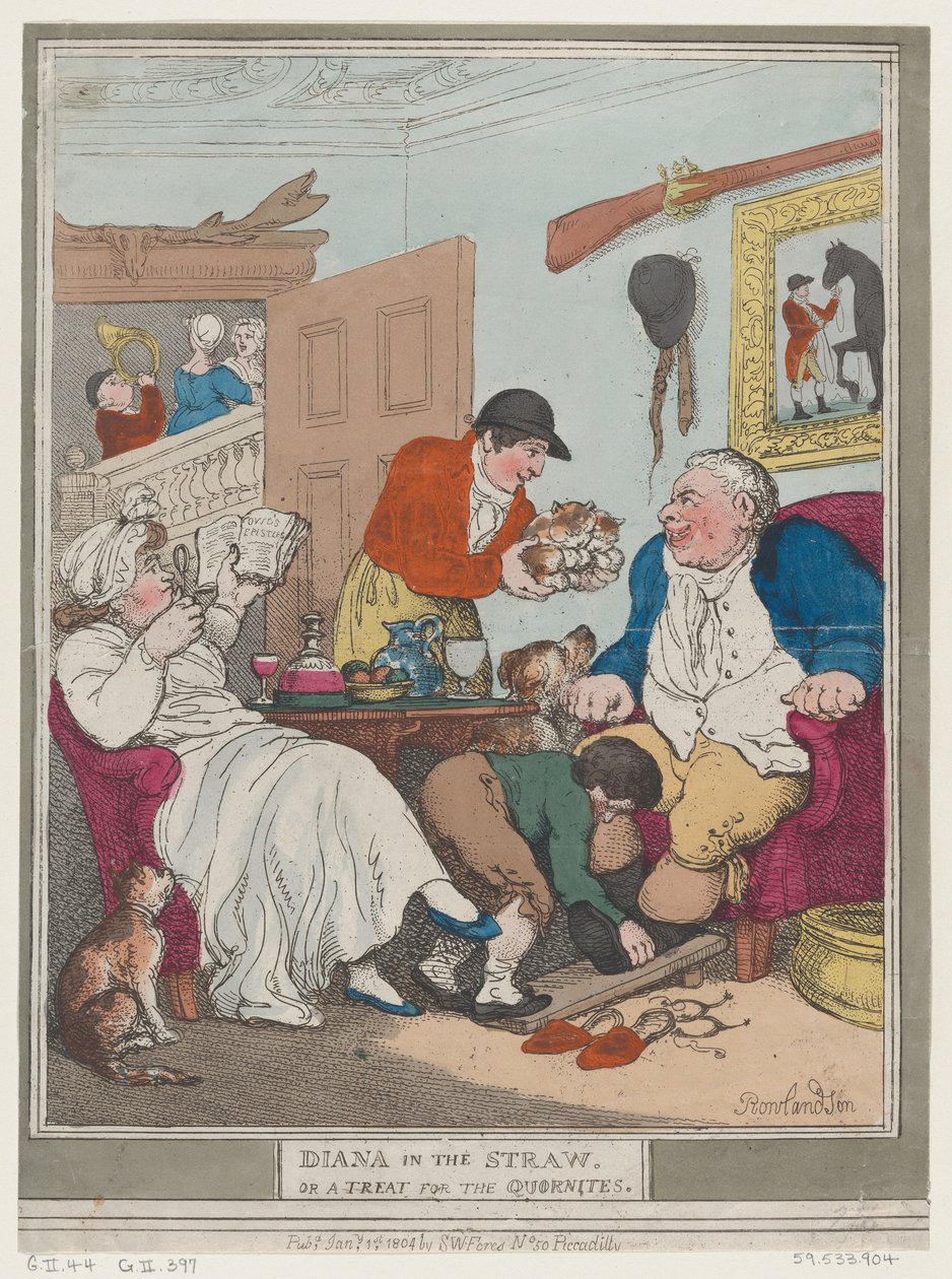 Diana in het stro, of een traktatie voor Quornites, 1 januari 1804 door Thomas Rowlandson
