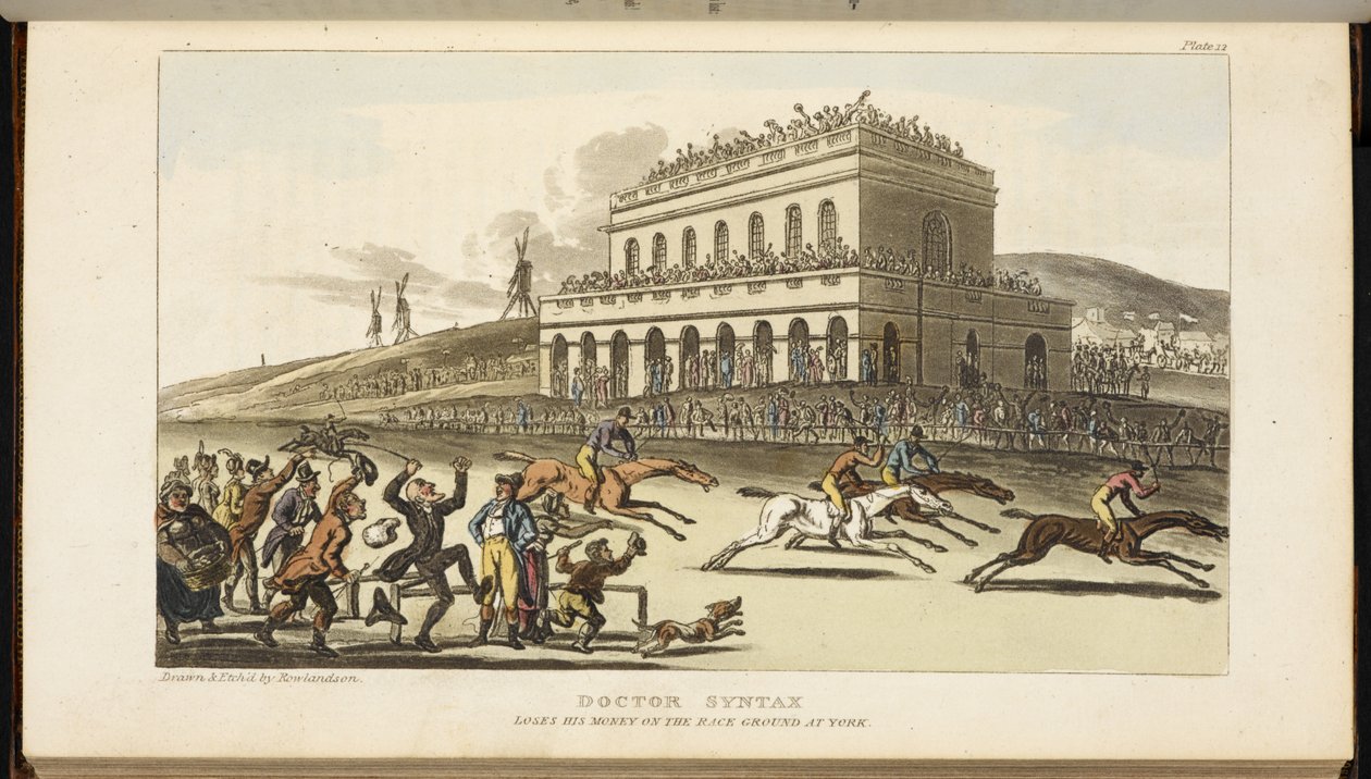 Doctor Syntax verliest zijn geld op de renbaan in York door Thomas Rowlandson