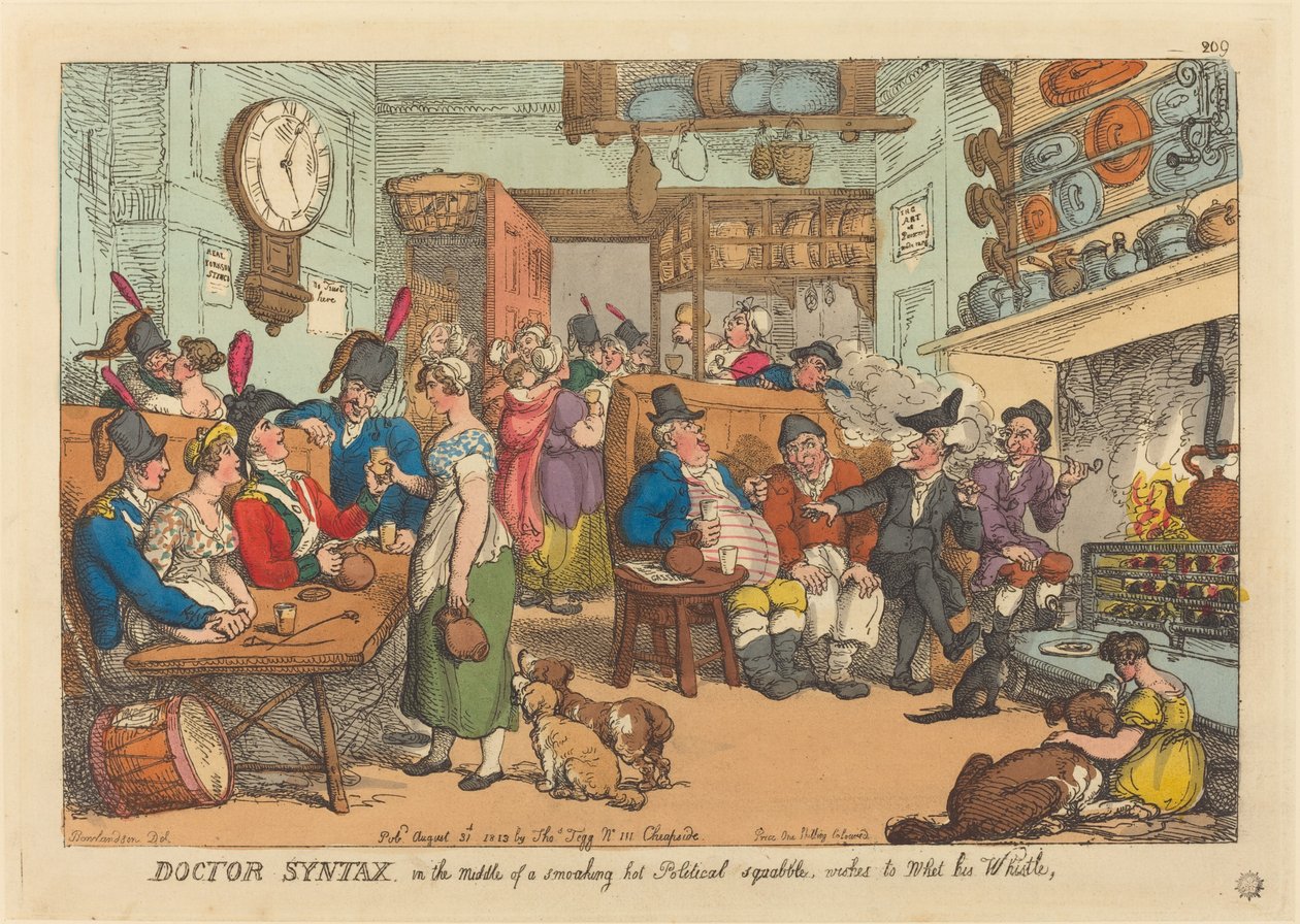 Doctor Syntax, Midden in een Rookhete Politieke Ruzie, Wil zijn Fluit Natmaken door Thomas Rowlandson