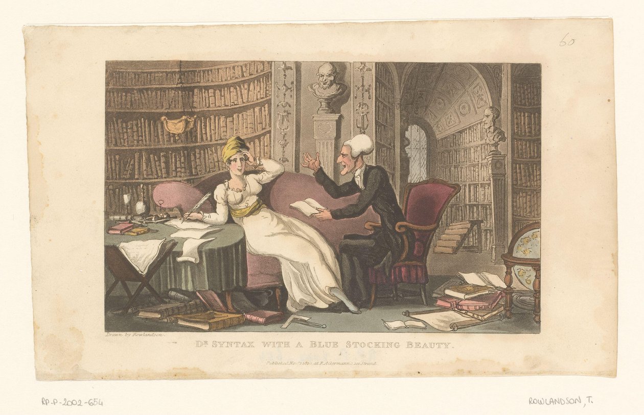 Doctor Syntax met een vrouw in een bibliotheek door Thomas Rowlandson