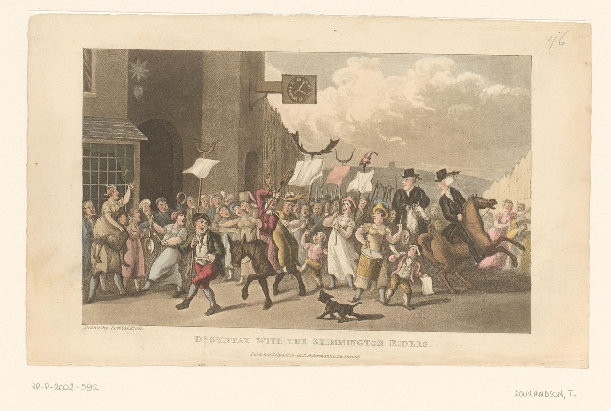 Doctor Syntax rijdt op zijn paard mee met een charivari door Thomas Rowlandson