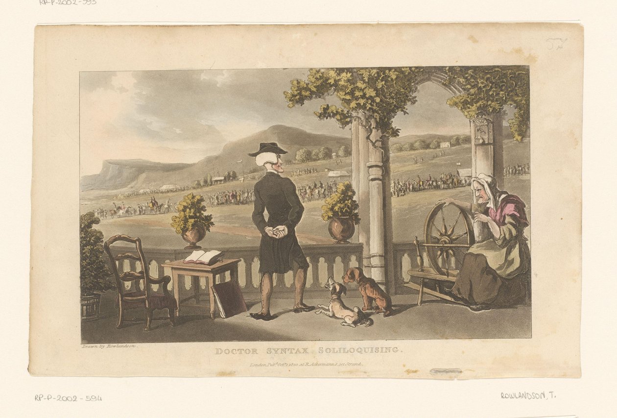 Doctor Syntax staart naar een stoet in het landschap door Thomas Rowlandson