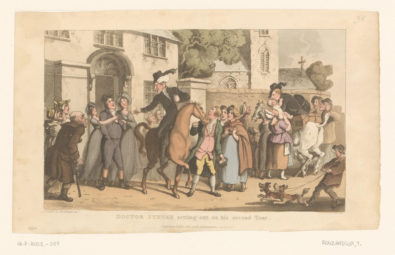 Doctor Syntax vertrekt op zijn paard uit het dorp door Thomas Rowlandson