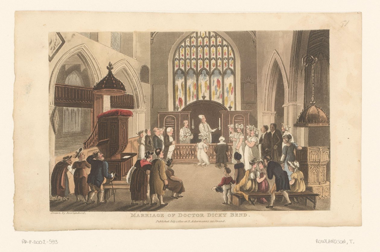 Doctor Syntax voltrekt het huwelijk tussen Dicky Bend en zijn verloofde door Thomas Rowlandson
