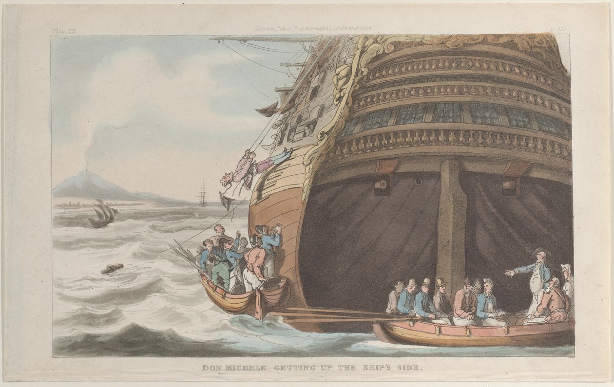 Don Michele klimt aan boord van het schip door Thomas Rowlandson
