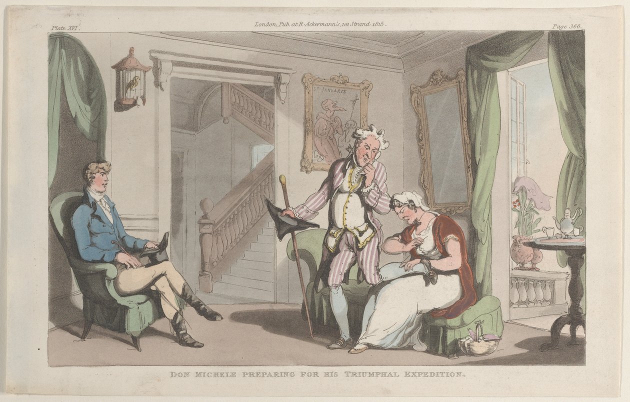 Don Michele Bereidt zich voor op zijn Triomftocht, uit Napels en de Campagna ..., 1 juni 1815 door Thomas Rowlandson