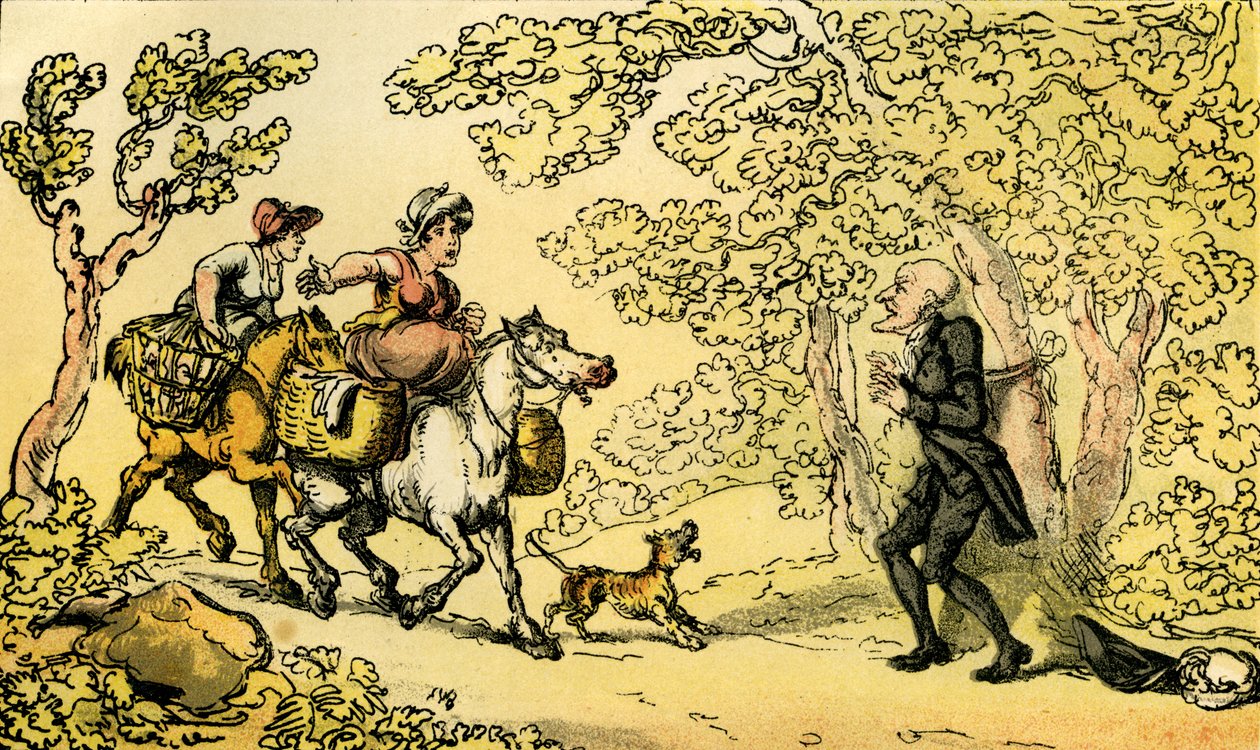 Dr. Syntax vastgebonden aan een boom door struikrovers door Thomas Rowlandson