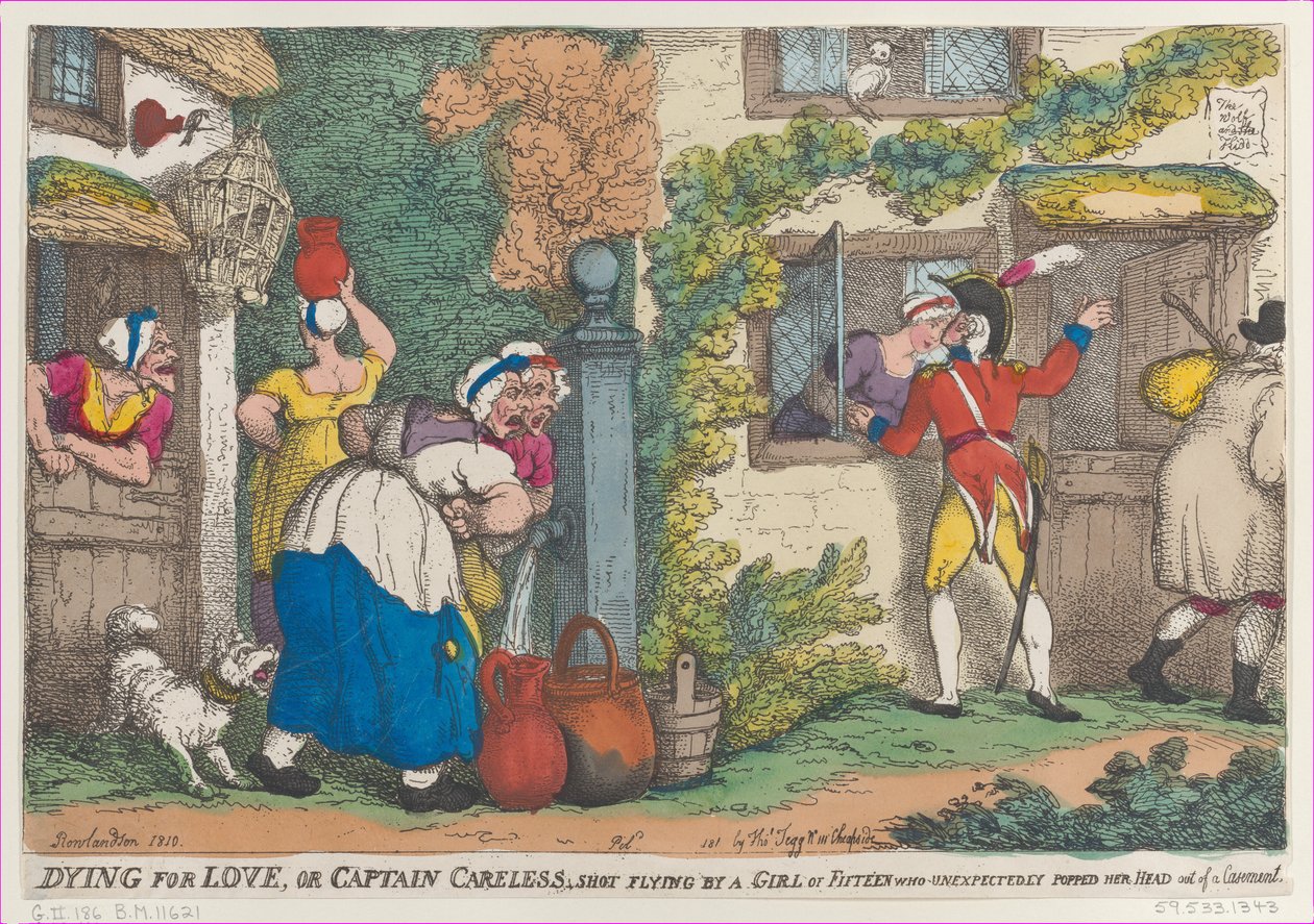 Sterven voor Liefde, of Kapitein Roekeloos, Neergeschoten door een Meisje van Vijftien die Onverwacht Verschijnt door Thomas Rowlandson