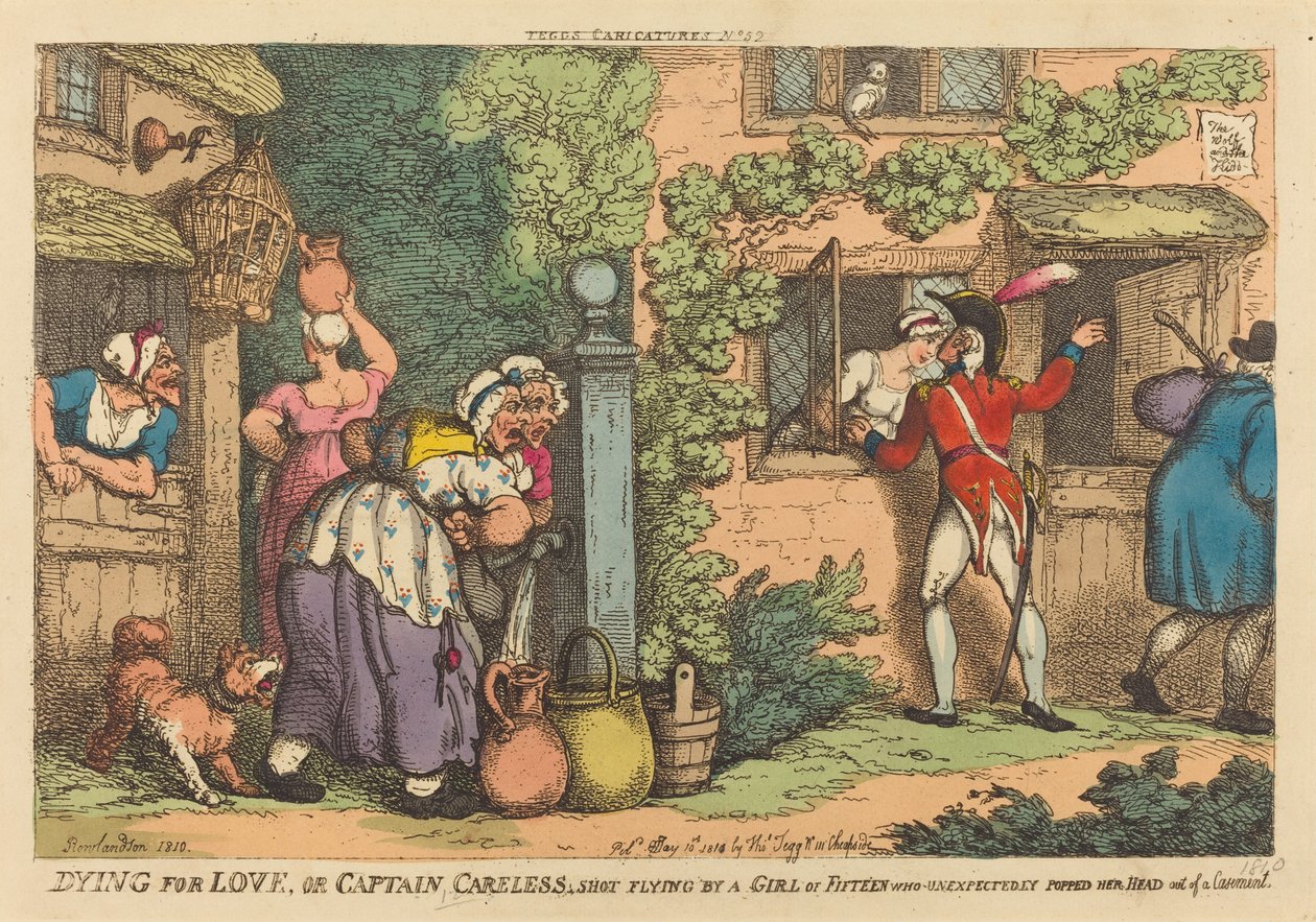 Sterven voor Liefde, of Kapitein Onvoorzichtig neergeschoten door een Meisje van Vijftien, die Onverwachts haar Hoofd uit een Venster Stak door Thomas Rowlandson