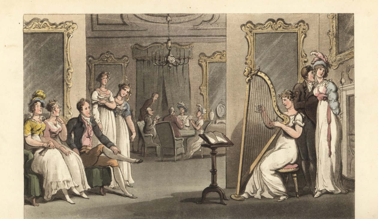 Engelse heer en dames luisteren naar een harpist op een bal door Thomas Rowlandson