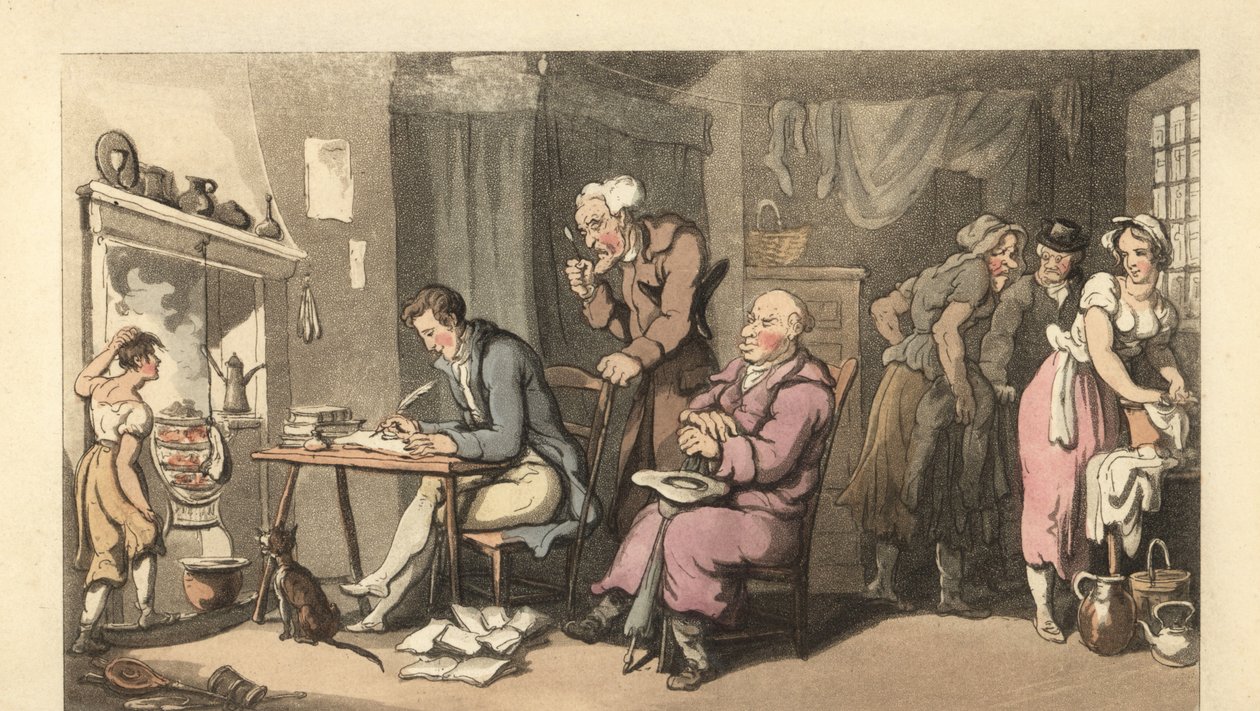 Engelse heer die een bedelbrief schrijft in een vervallen salon door Thomas Rowlandson