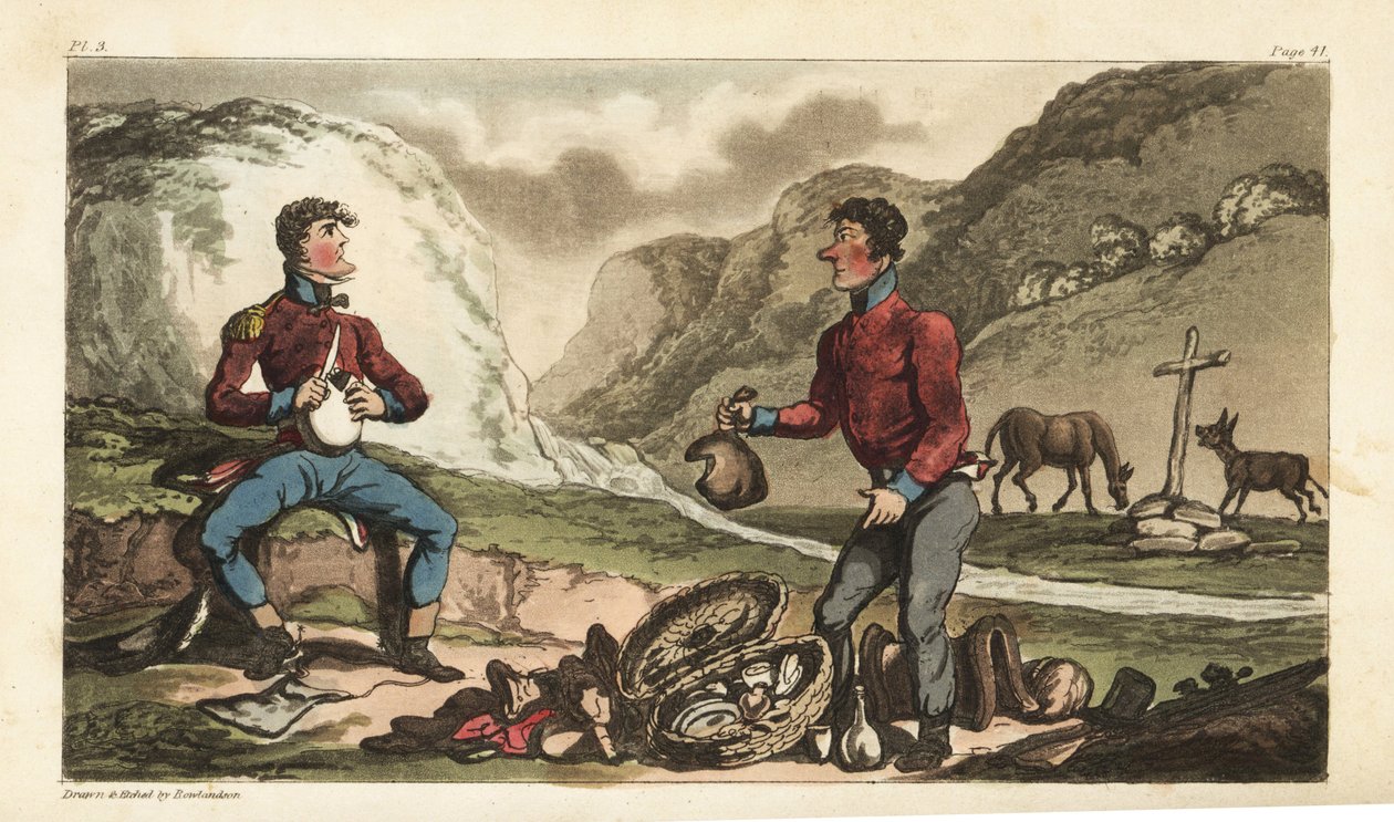 Vaandrig Johnny Newcome en zijn onderofficier ontbijten met ham, rundvlees, biscuit en brandewijn langs de weg in Portugal. Handgekleurde kopergravure getekend en geëtst door Thomas Rowlandson uit Colonel David Roberts