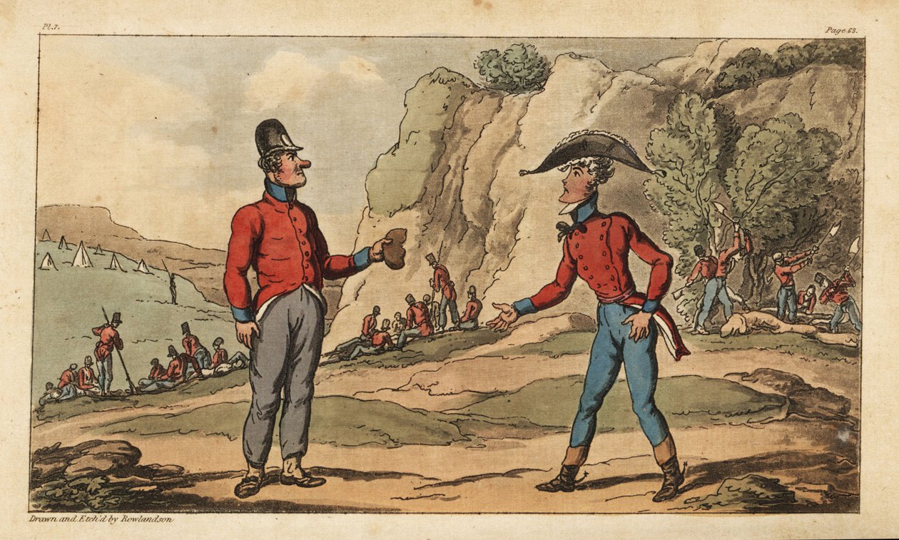 Vaandrig Johnny Newcome en zijn onderofficier op halve rantsoenen na de Slag bij Salamanca. Soldaten begraven de doden, terwijl anderen rusten bij hun kampement. Handgekleurde kopergravure getekend en geëtst door Thomas Rowlandson uit Colonel David Roberts door Thomas Rowlandson
