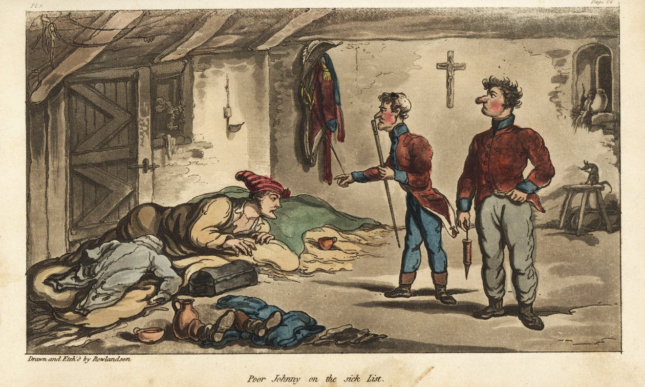 Vaandrig Johnny Newcome met dysenterie in zijn ticket in Medina, Spanje. Handgekleurde kopergravure getekend en geëtst door Thomas Rowlandson uit Colonel David Roberts