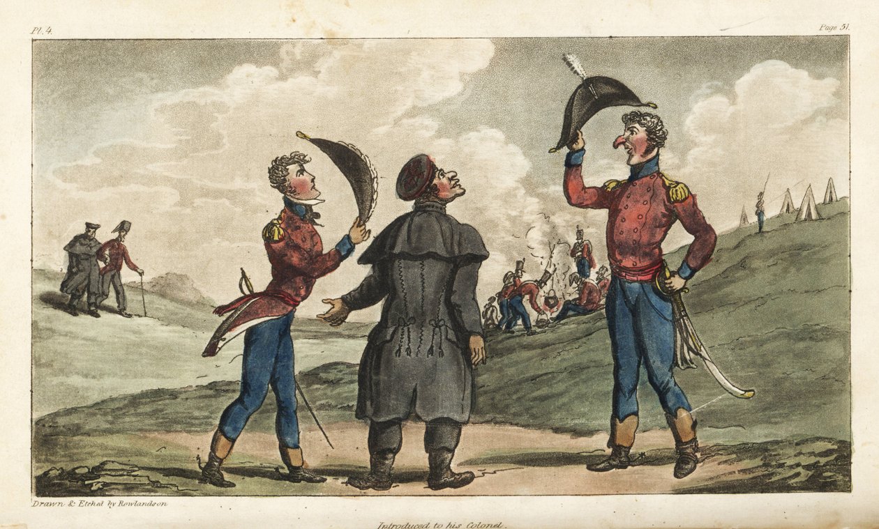 Vaandrig Johnny Newcome voorgesteld aan de Kolonel van zijn regiment voor de Slag bij Salamanca. Handgekleurde kopergravure getekend en geëtst door Thomas Rowlandson uit Kolonel David Roberts