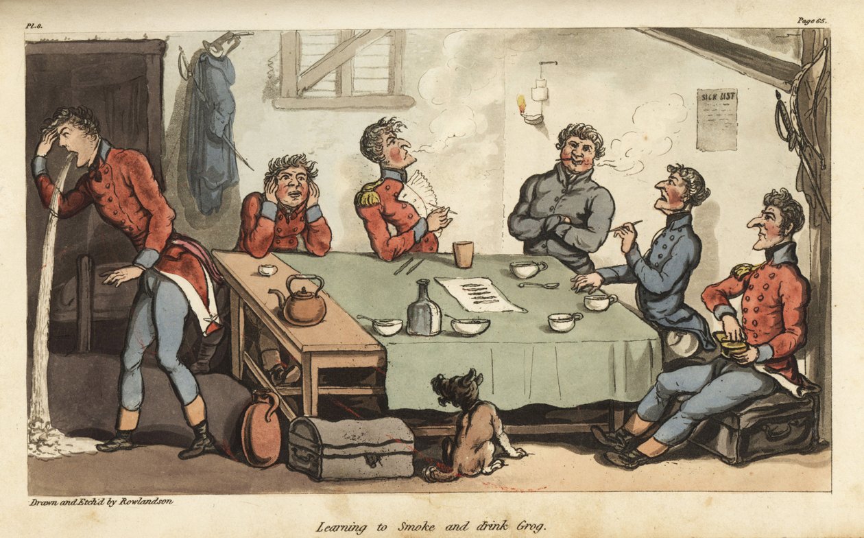 Vaandrig Johnny Newcome leert sigaren roken en grog drinken met andere officieren. Te veel roken en overgeven aan tafel. Handgekleurde kopergravure getekend en geëtst door Thomas Rowlandson uit Colonel David Roberts
