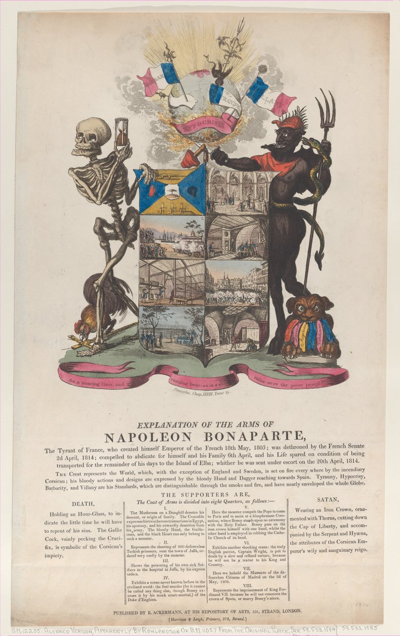 Uitleg van de Wapens van Napoleon Bonaparte, april 1814 door Thomas Rowlandson