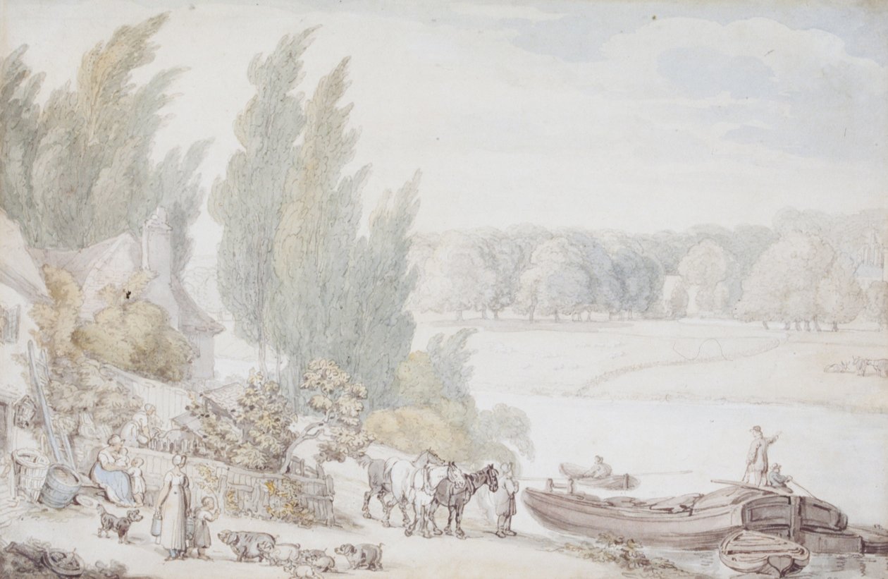 Boerderij aan de oever van een rivier door Thomas Rowlandson