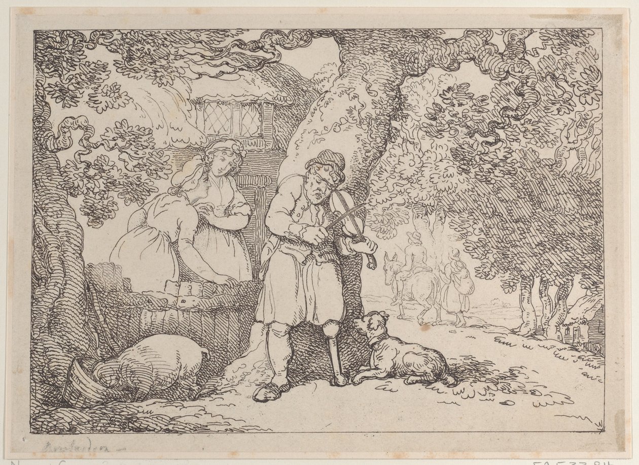 Violist, Zeeman, Twee Vrouwen en een Varken bij een Huisje, 1816 door Thomas Rowlandson