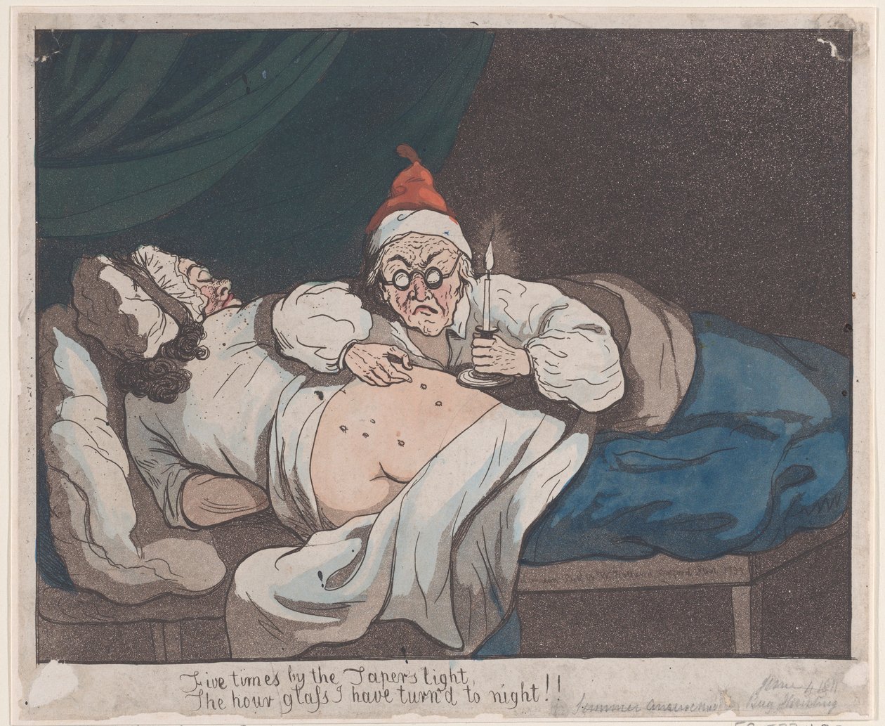Vijf keer bij het licht van de kaars, Het zandloper heb ik naar de nacht gedraaid!!, 1793 door Thomas Rowlandson
