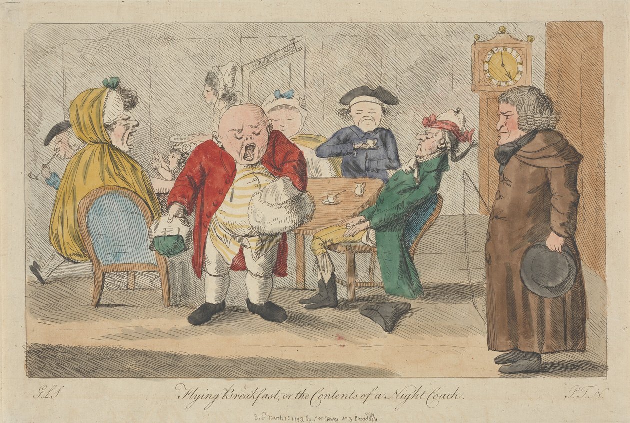 Ontbijt tijdens de vlucht, of wat er in een nachtbus te vinden is door Thomas Rowlandson