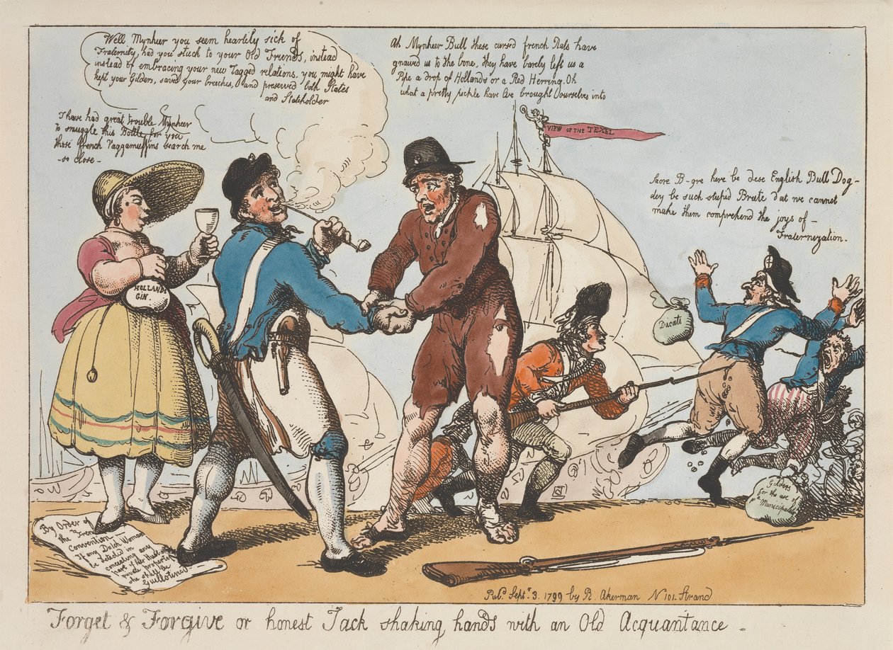 Vergeten en vergeven, of Honest Jack die een oude bekende de hand schudt door Thomas Rowlandson