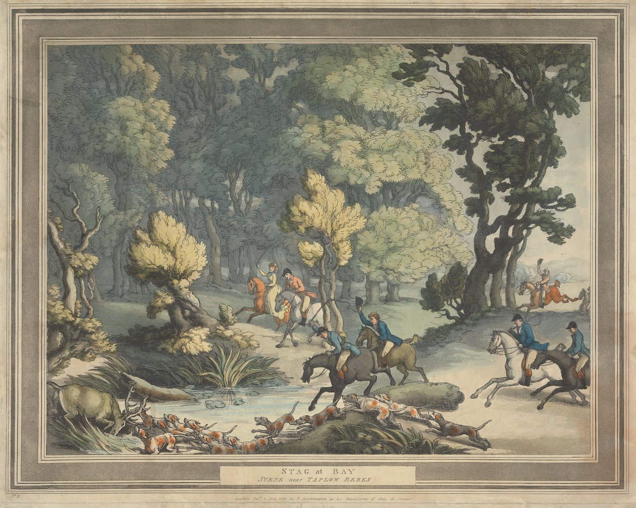 Vossenjacht [set van vier]:  2.  Hert in het nauw. / Taferel bij Taplow, Berks door Thomas Rowlandson