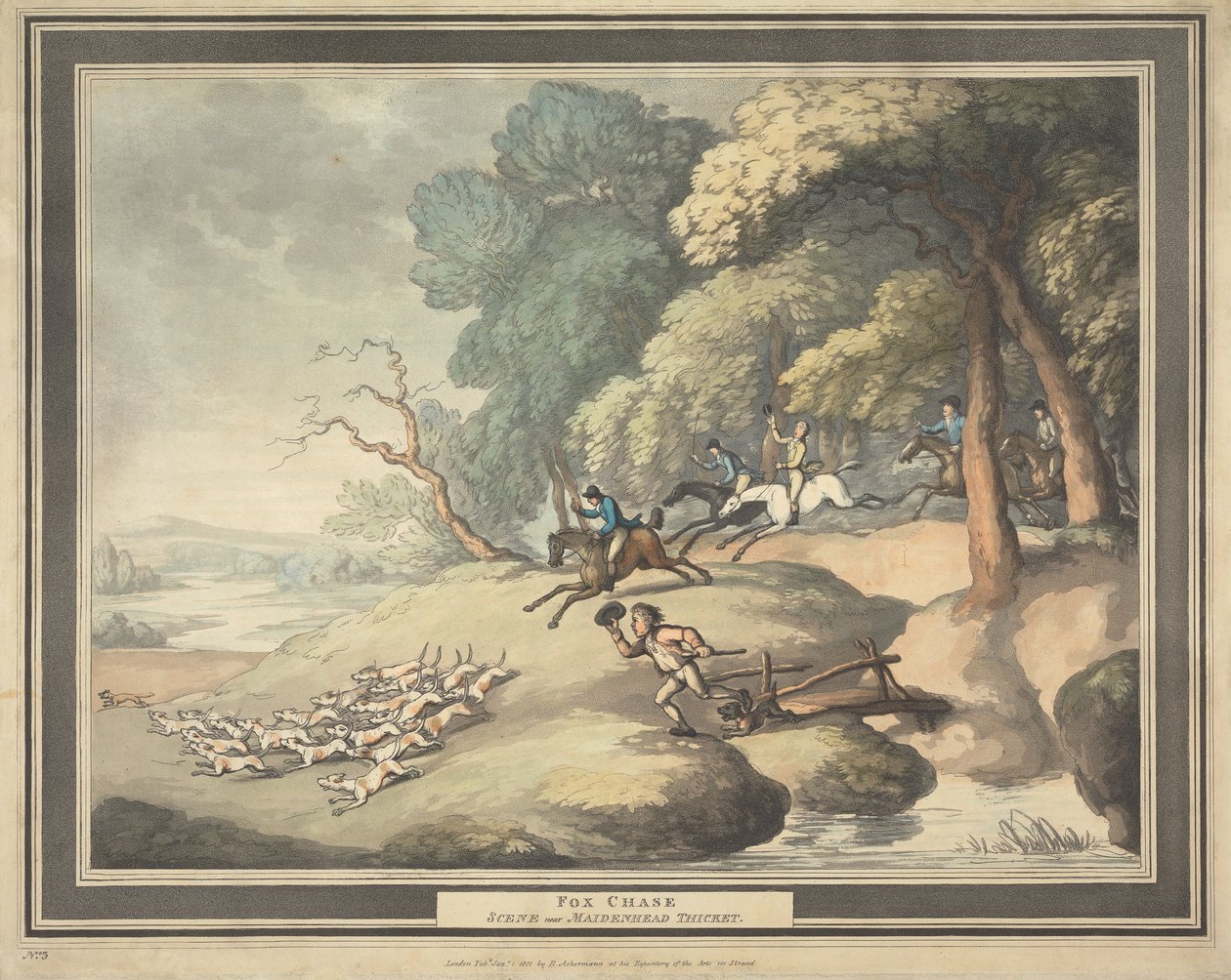 Vossenjacht [set van vier]:  3. Vossenjacht / Scène bij het struikgewas bij Maidenhead door Thomas Rowlandson