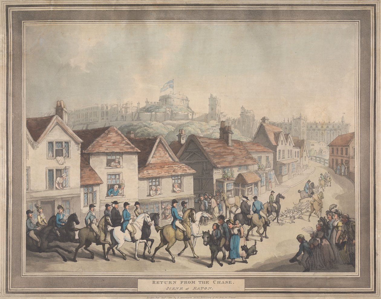 Vossenjacht [set van vier]:  4. Terugkeer van de jacht. / Taferel in Eaton door Thomas Rowlandson