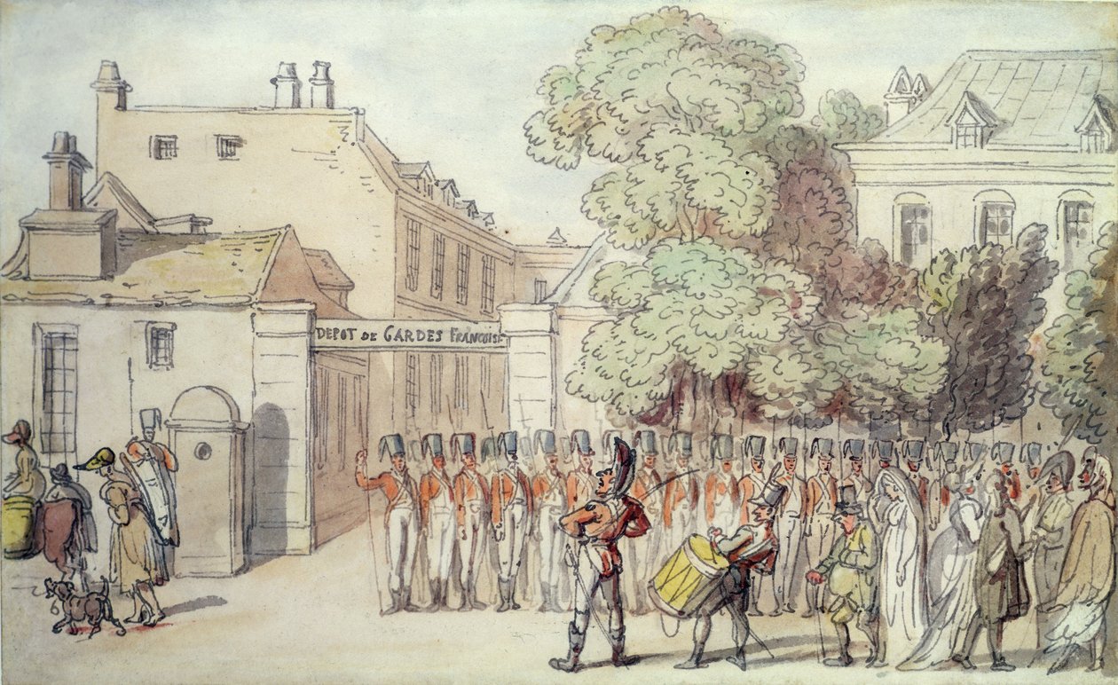 Franse soldaten op parade door Thomas Rowlandson