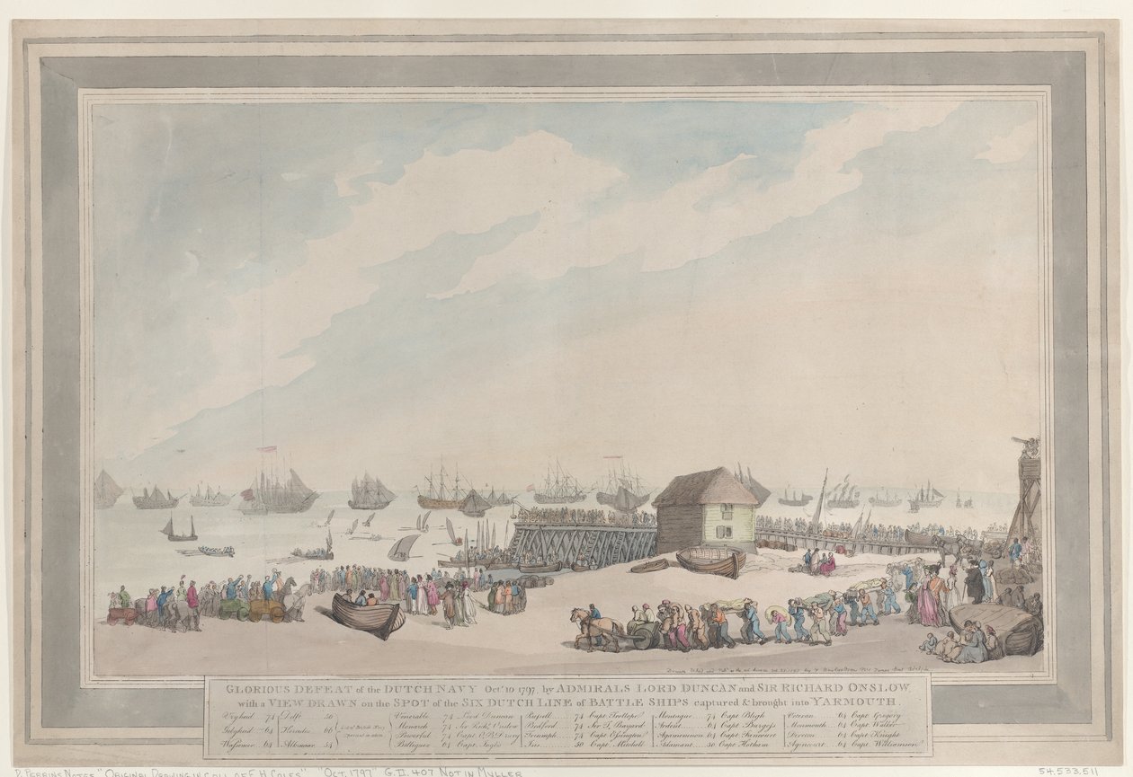 De glorieuze nederlaag van de Nederlandse marine, 10 oktober 1797, door admiraals Lord Duncan en Sir Richard Onslow, met een ter plaatse getekende afbeelding van de zes Nederlandse linieschepen die werden veroverd en naar Yarmouth werden gebracht door Thomas Rowlandson