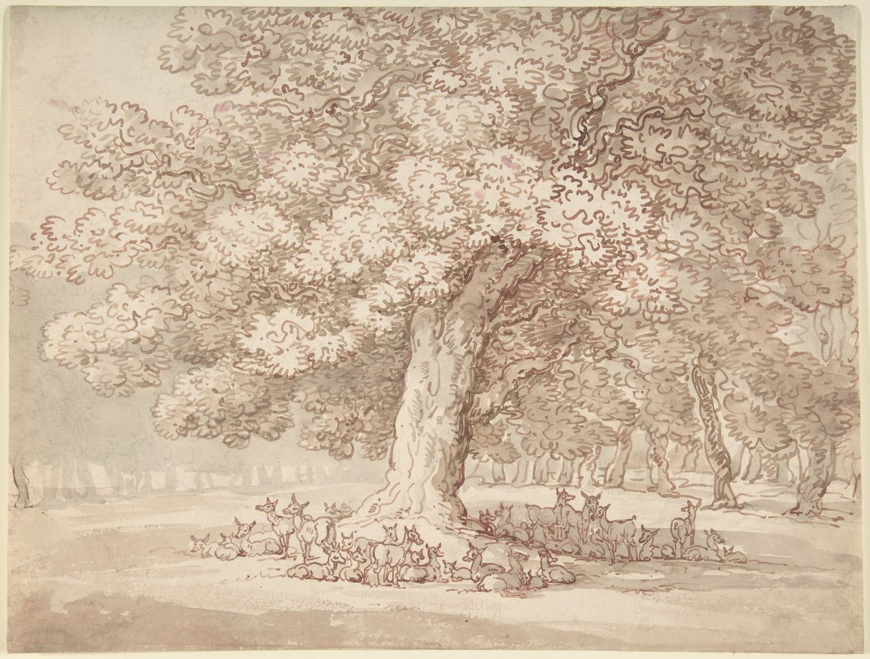 Een kudde herten onder een eik door Thomas Rowlandson