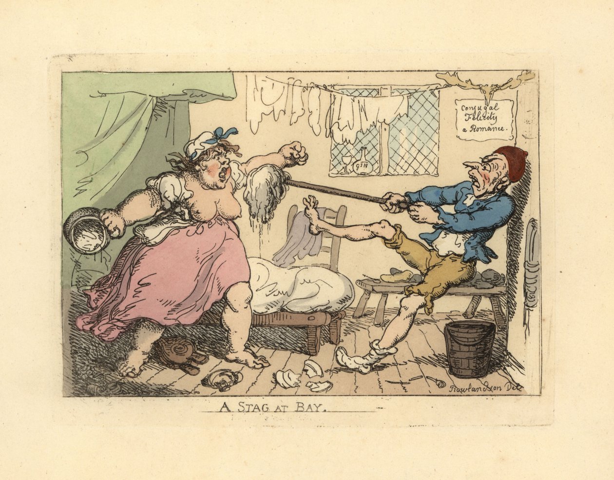 Man houdt zijn boze vrouw met een dweil tegen door Thomas Rowlandson