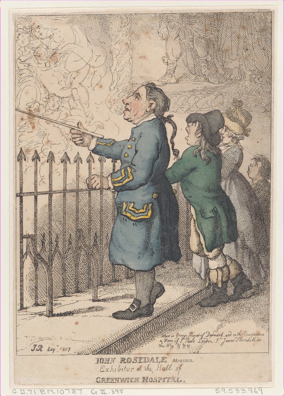 John Rosedale Mariner, Tentoonsteller in de Hal van Greenwich Hospital, 26 april 1807 door Thomas Rowlandson
