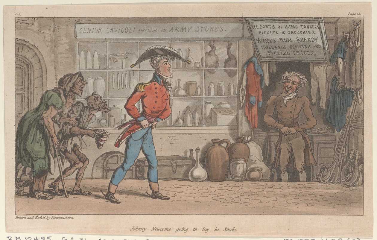 Johnny Newcome gaat voorraad inslaan, uit De militaire avonturen van Johnny Newcome, 1815 door Thomas Rowlandson