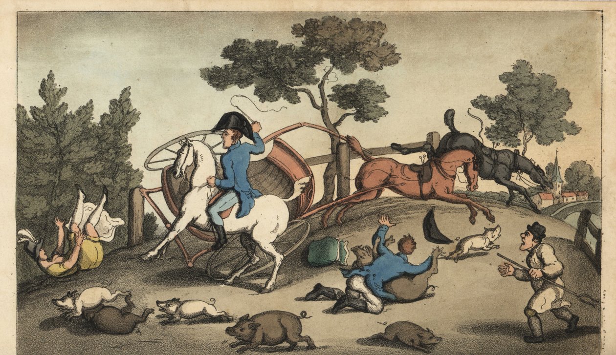 Johnny en een Dame botsen met een gig in een kudde varkens. Handgekleurde kopergravure door W. Read naar een illustratie van Thomas Rowlandson uit Alfred Burton