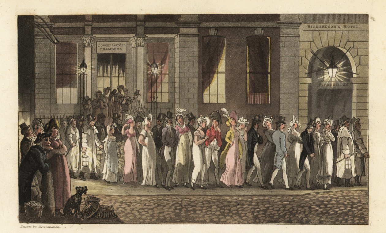 Johnny en andere feestvierders gearresteerd door de Nachtwacht na een uitbundig dansfeest in Covent Garden Chambers. Handgekleurde kopergravure door Thomas Rowlandson uit William Combe