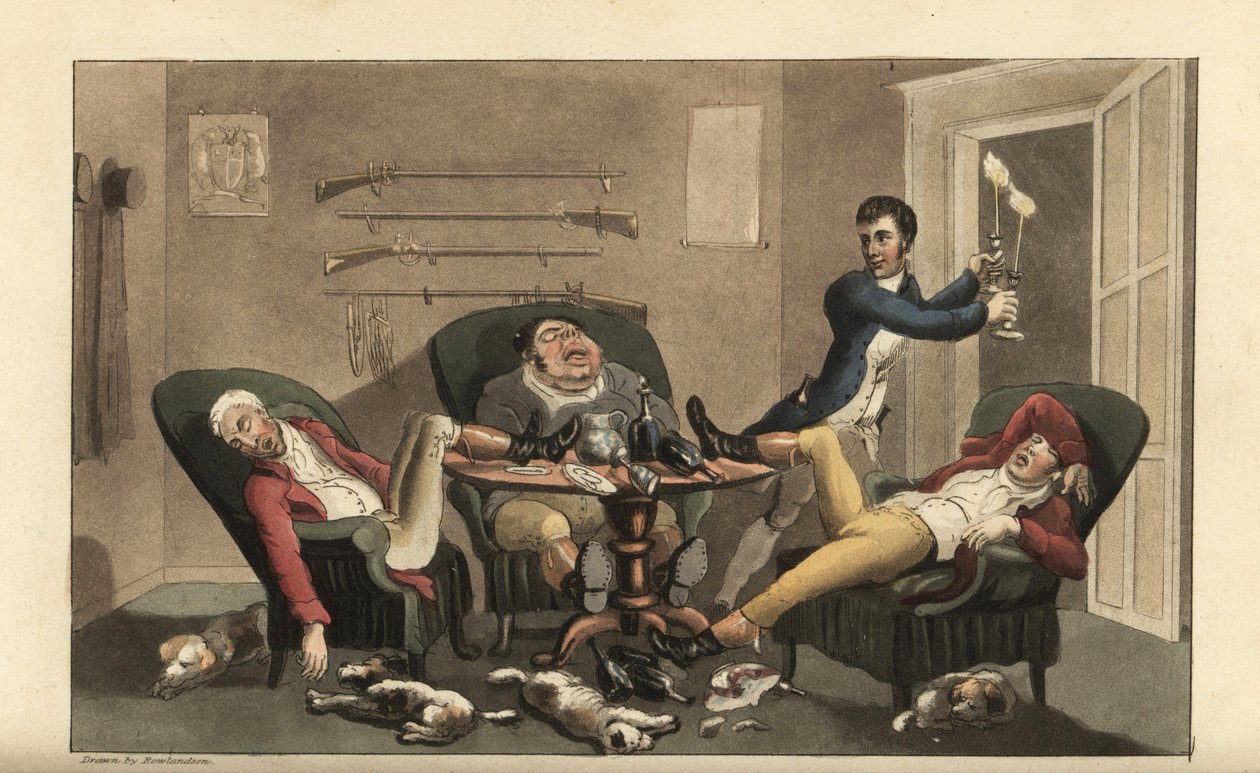Johnny bij een sportfinale: Johnny met kandelaars laat drie dronken jagers slapen in een eetkamer met lege wijnflessen en slapende honden. Handgekleurde kopergravure door Thomas Rowlandson uit William Combe
