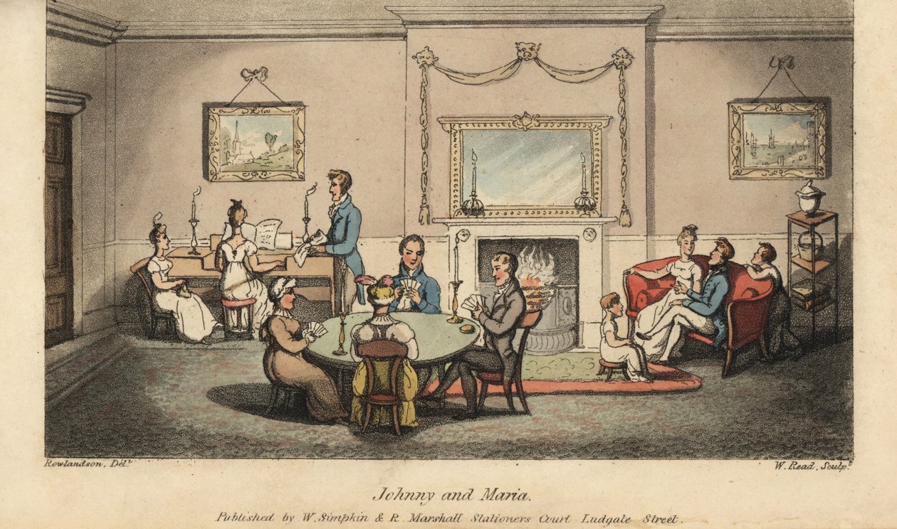 Johnny het hof makend aan Maria in een salon terwijl anderen kaarten spelen en liedjes zingen bij de haard door Thomas Rowlandson