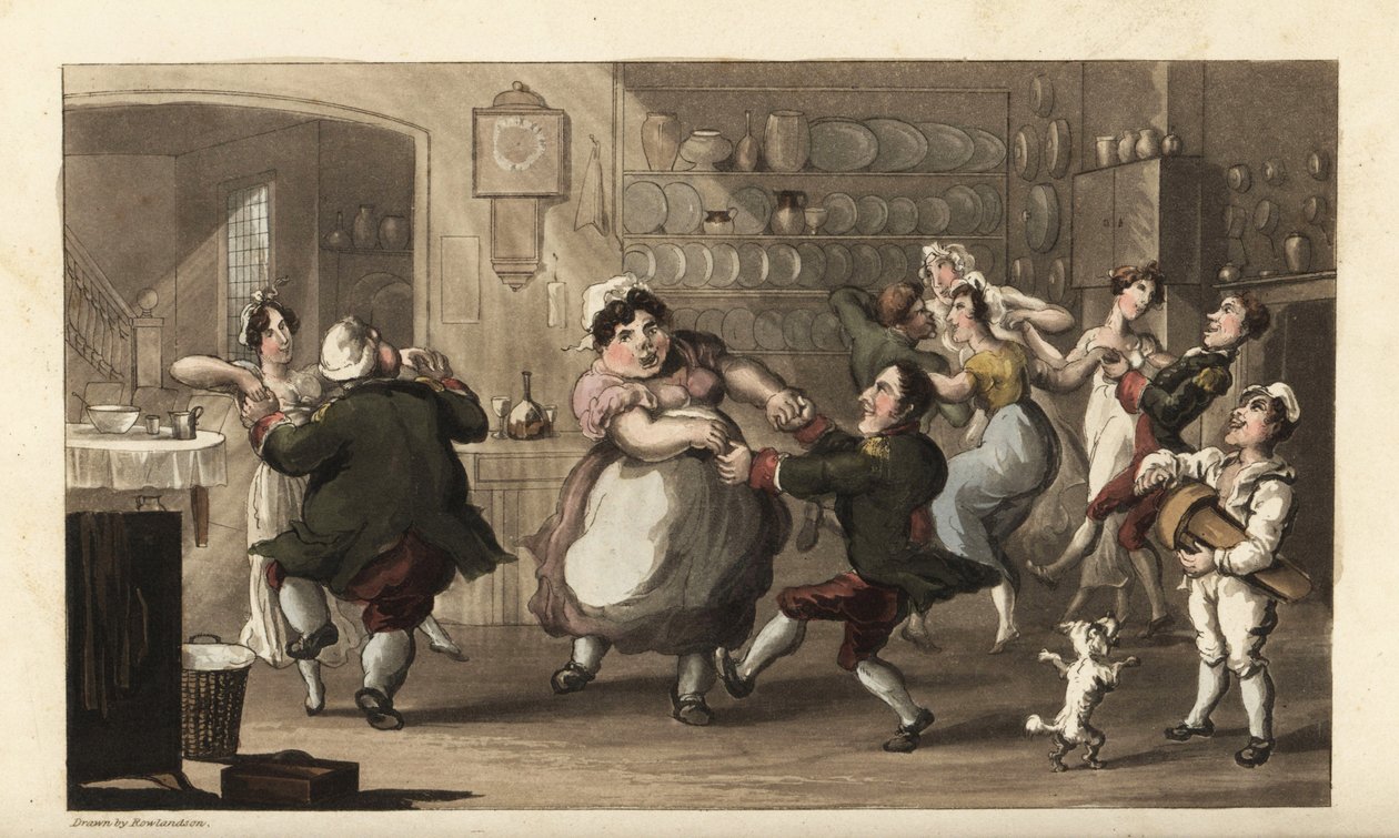 Johnny danst op een geheime feest met andere bedienden in de keuken door Thomas Rowlandson